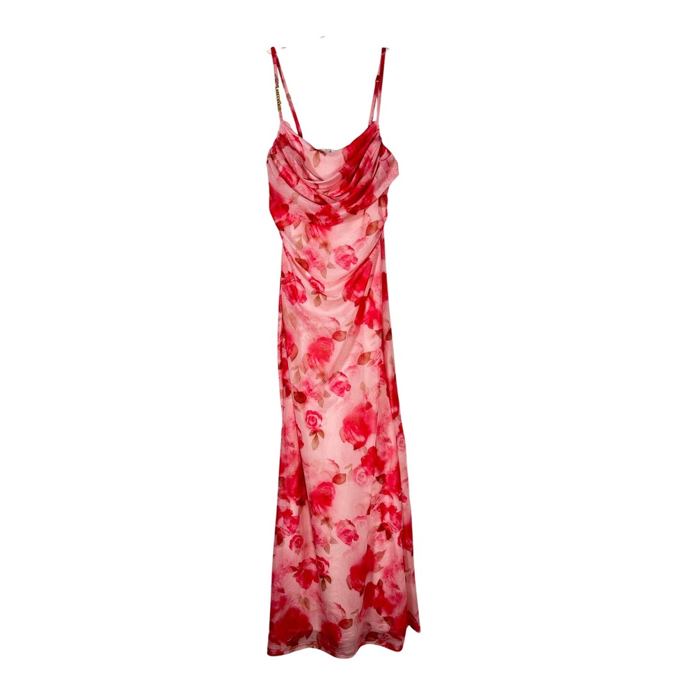 SHEIN Pink Floral Rose Cowl Neck Mesh Midi Dress Romantic Coquette Wedding Guest